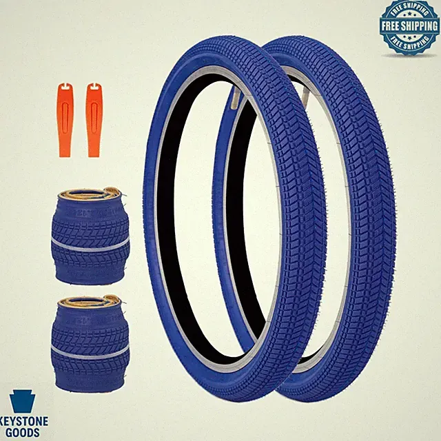 2 Pack Kids Bike Tires - 20x2.125, Blue, Folding, Knobby Treads, Fits Most 20...
